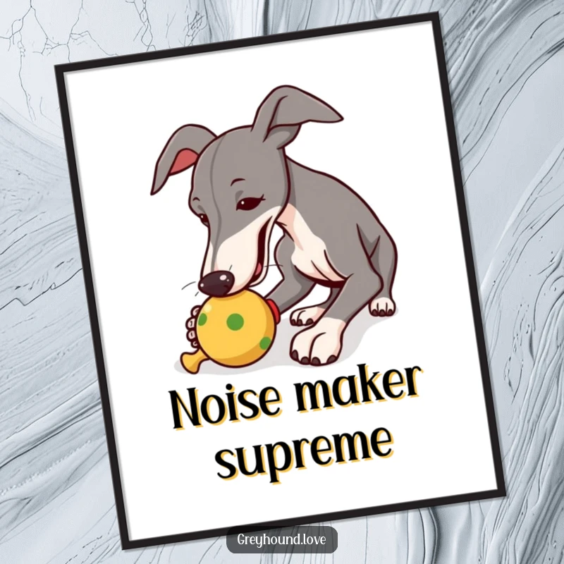 Funny digital art print capturing a greyhound's intense focus on nudging a squeaky toy, full of playful energy.