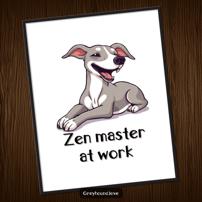 Funny digital art of a greyhound stretching luxuriously with a happy sigh, ready for printing.