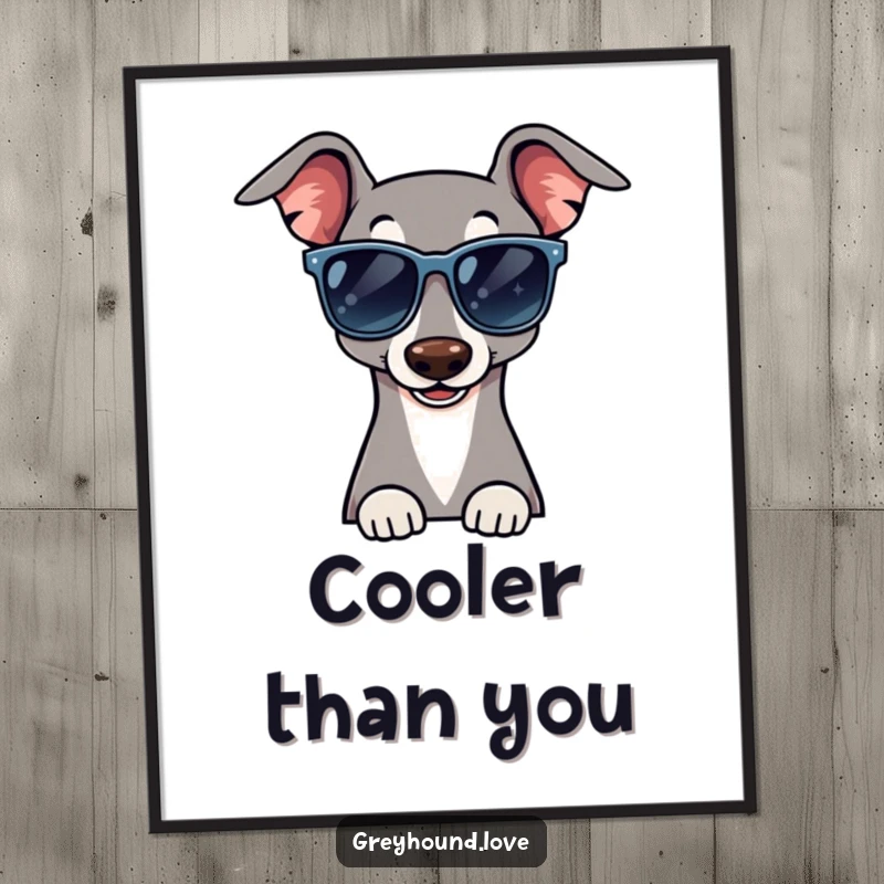 Funny digital art print of a greyhound wearing sunglasses and giving a cool wink, ready for instant download.