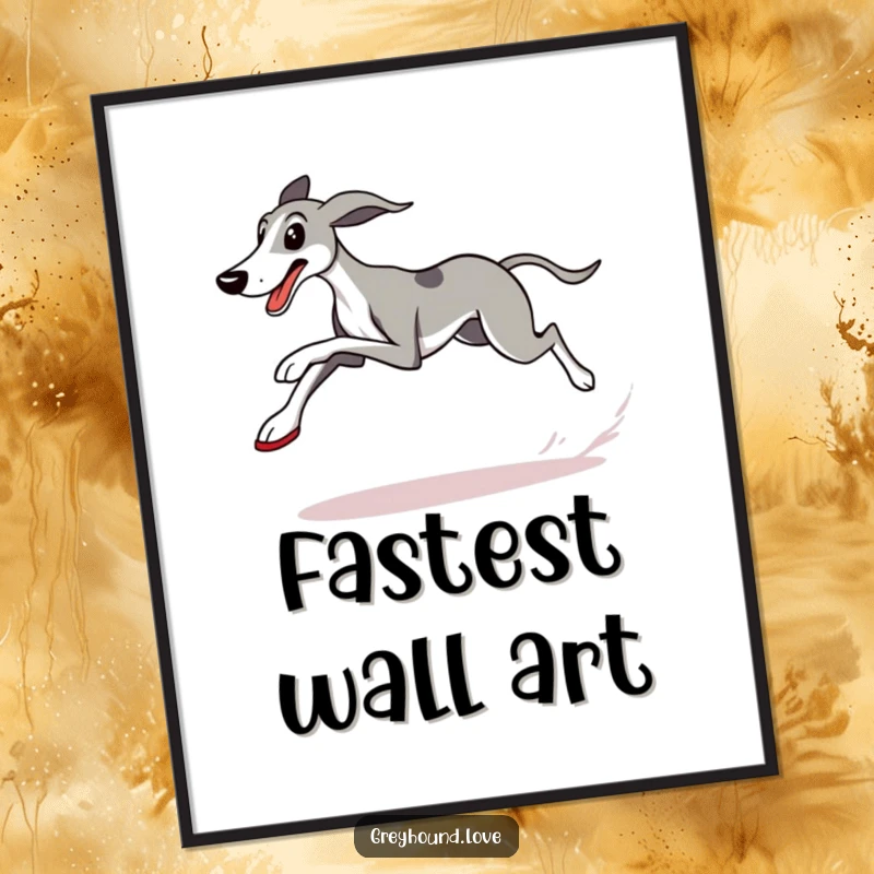 Funny Greyhound Digital Art Print of a determined dog in running shoes, crossing a checkered flag with energetic humor and style.