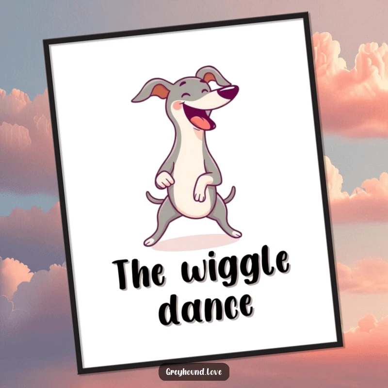 Funny Greyhound Digital Art Print of a greyhound wiggling its body with pure joy, a comical and vibrant depiction of happiness.