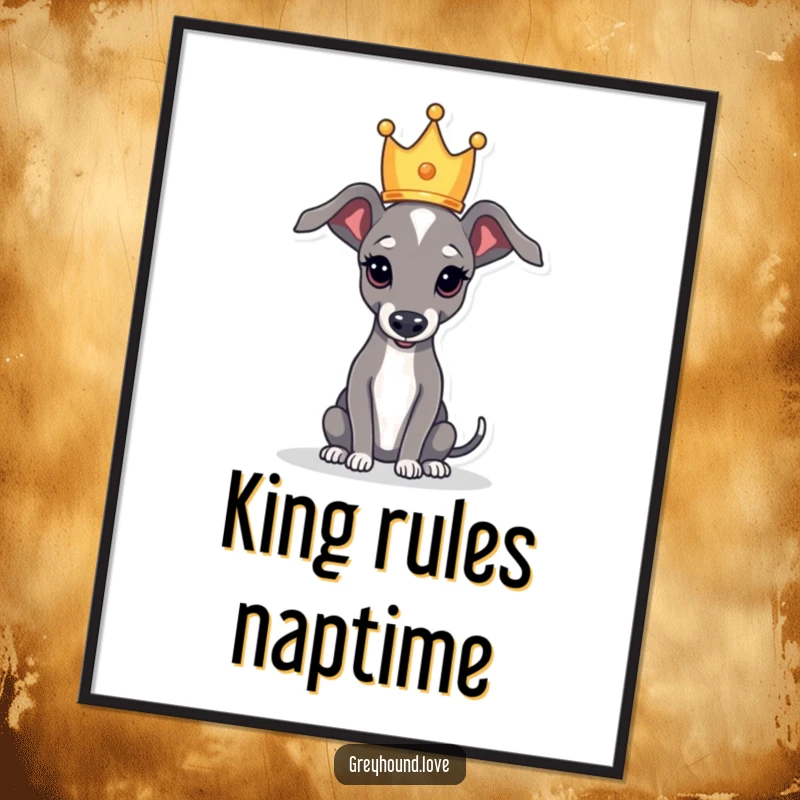 Funny digital art print of a greyhound wearing a tiny crown, exuding regal charm and playful humor.
