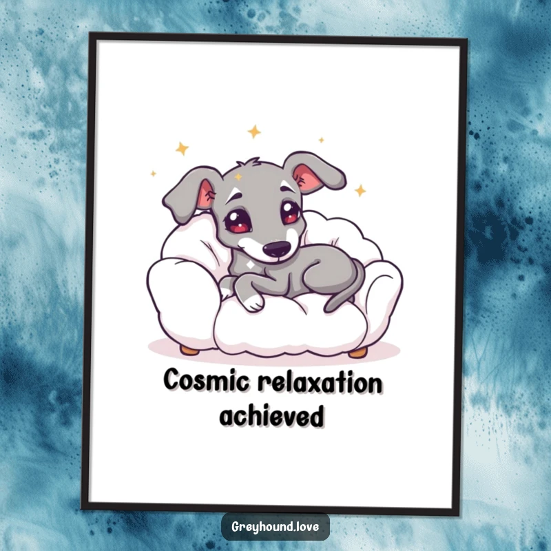 Funny digital art of a greyhound with starry eyes blissfully lounging on a soft cloud, evoking peacefulness and wonder.