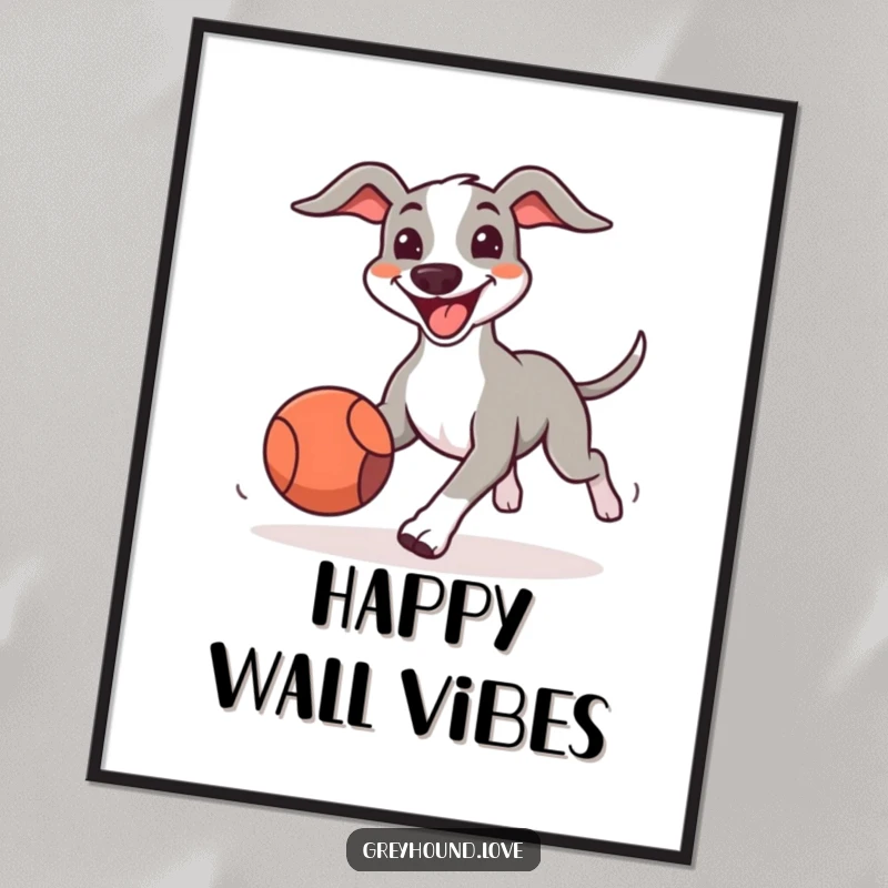 Funny Greyhound Digital Art Print of a big-smiling dog enthusiastically chasing a bouncing ball, exuding playful humor and cheer.