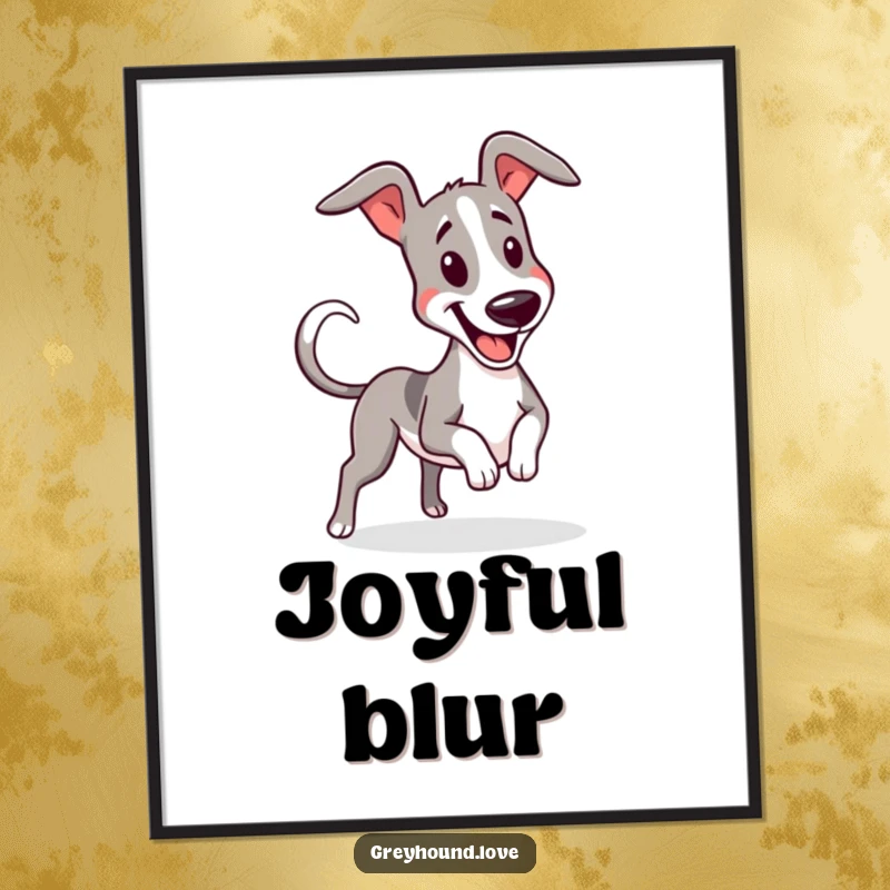 Funny digital art of a greyhound wiggling with a furiously wagging tail, ready for printing.