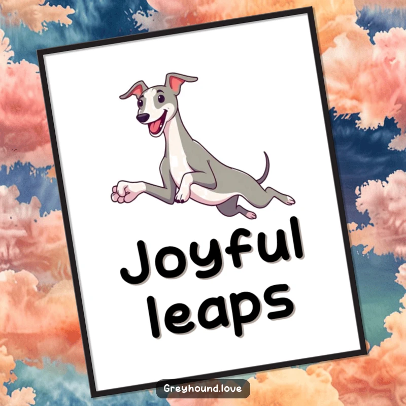 Funny greyhound digital art print of a sleek dog with oversized paws leaping joyfully, adding canine humor and warmth to decor.