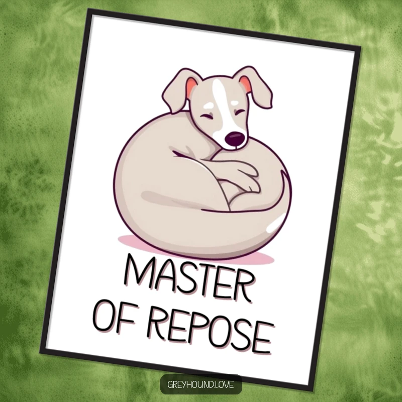 Funny Greyhound Digital Art Print of a playful dog curled into a happy, relaxed ball, perfect for instant wall decor.