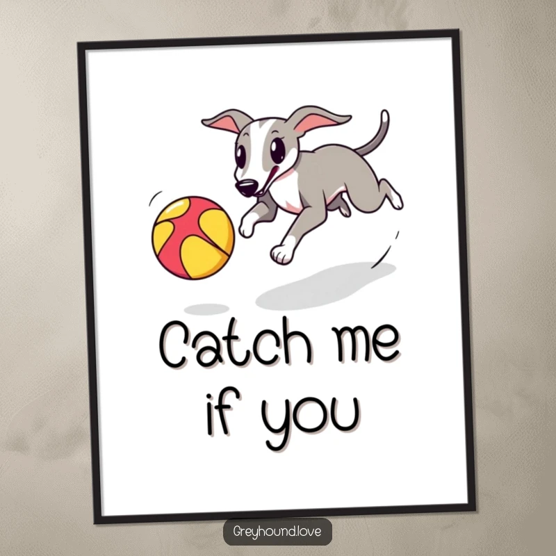 Digital art of a greyhound playfully chasing a colorful bouncing ball, ready for printing.