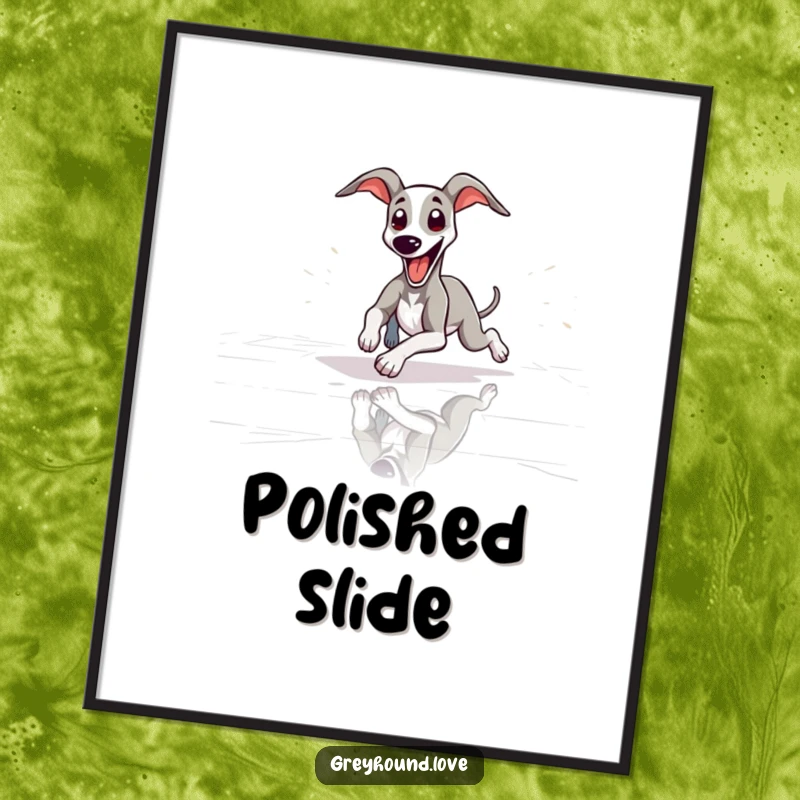 Funny slender greyhound playfully sliding across a floor with tongue out in this digital art, perfect for humorous dog decor.