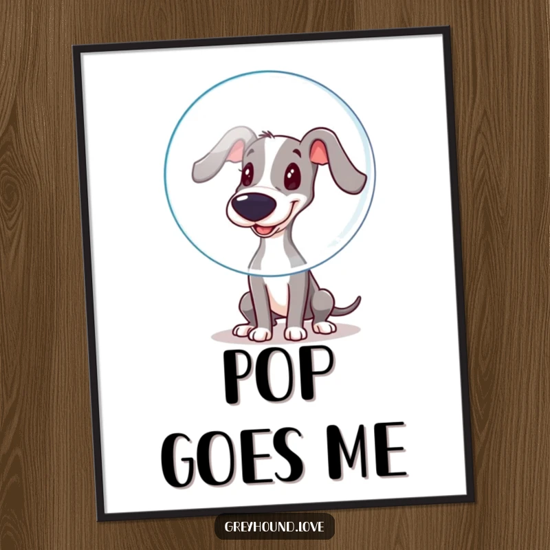 Funny Digital Art Print: A playful greyhound boops a large, floating bubble with its wet nose, creating a scene of funny delight.