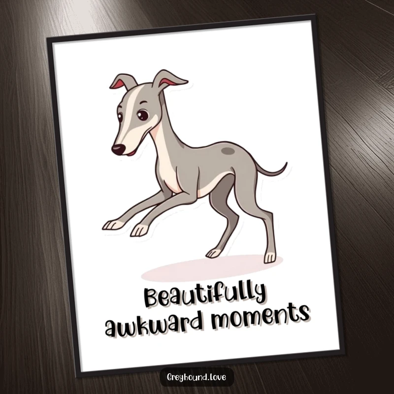 A digital art print of a kawaii greyhound character comically tripping over its long legs, ready for printing.