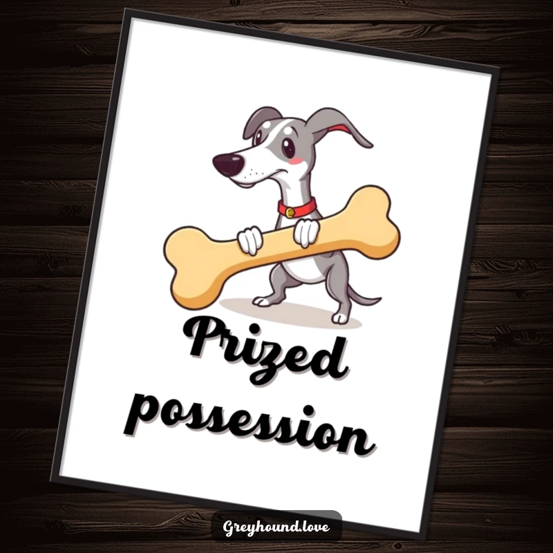 Funny digital art of a playful greyhound fetching a giant novelty bone, ready for printing.