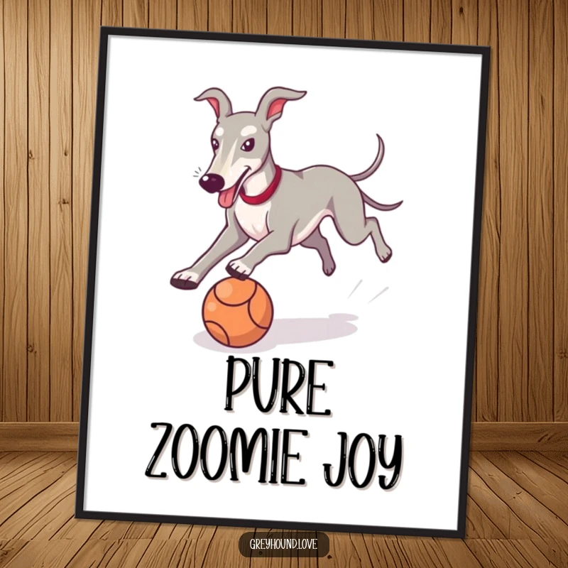 Funny Greyhound Digital Art Print of a dog joyfully pursuing a ball, capturing playful spirit and humor.