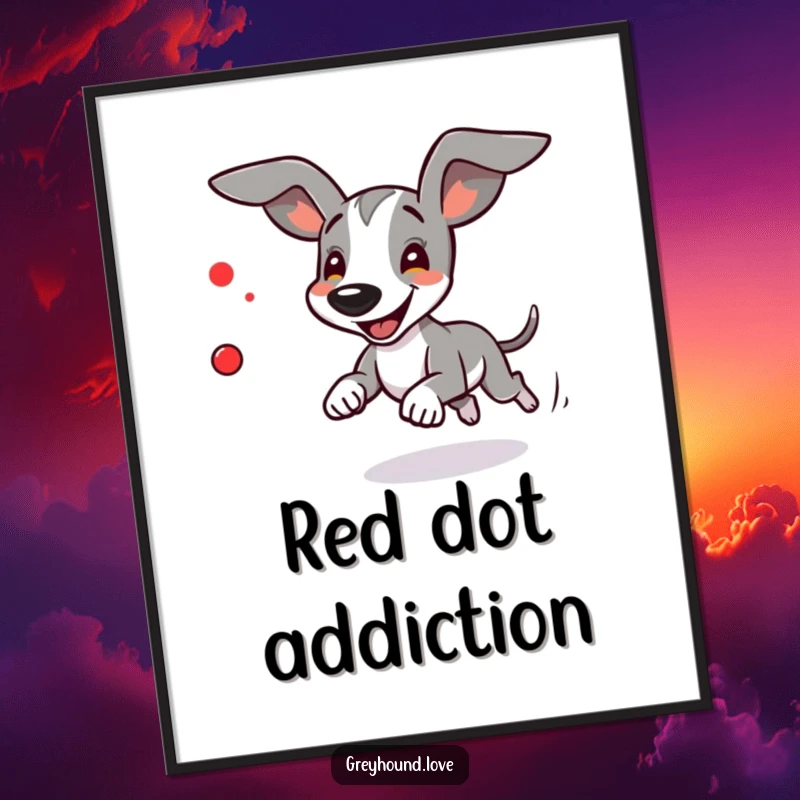 Funny Greyhound Digital Art: An energetic greyhound with flapping ears in hot pursuit of a red dot.
