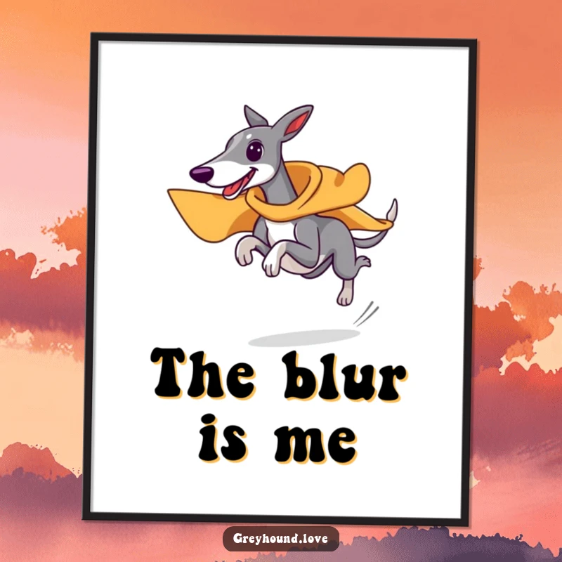 Funny superhero greyhound digital art, wearing tiny cape, running at top speed, fast and heroic wall decor, perfect funny gift.