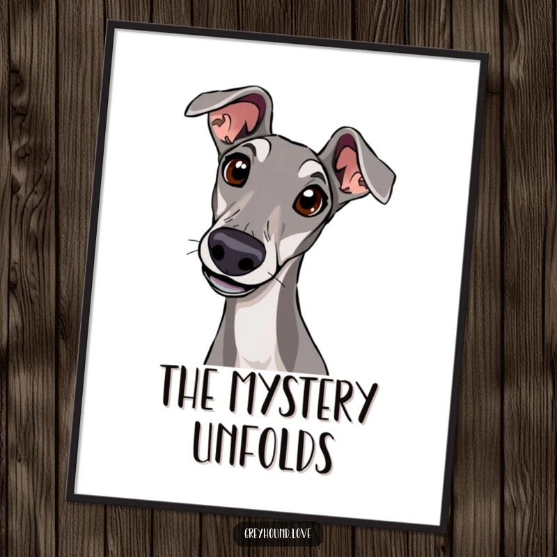 Digital art of a greyhound tilting its head with wide, curious eyes, ready for printing.