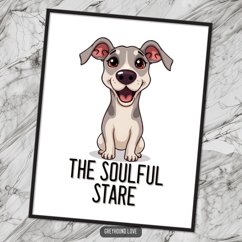 Funny Greyhound Digital Art Print of a greyhound begging with a head tilt and pleading eyes, a comical and heartwarming depiction.