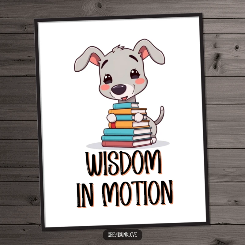 Funny digital art print of a happy greyhound balancing a stack of books on its nose, an amusing and downloadable piece.
