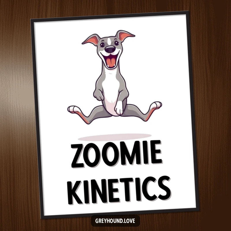 Funny Greyhound Digital Art Print of a greyhound capturing a hilarious zoomie moment, legs comically splayed in an explosion of joy.