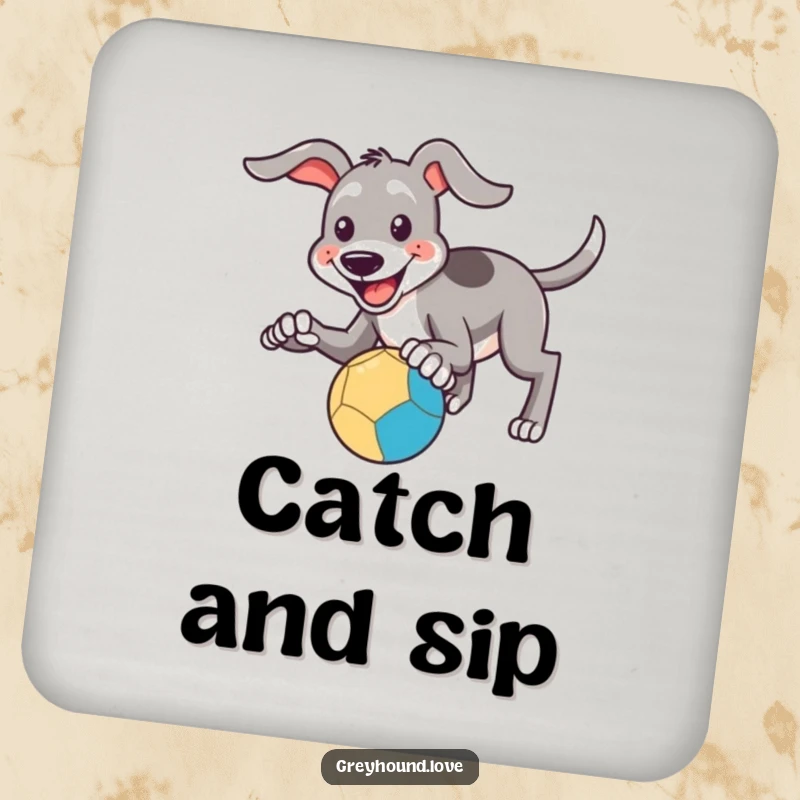 Funny Coasters: A smiling greyhound attempts to catch a bouncing ball with its paws, adding funny charm and protecting tables.