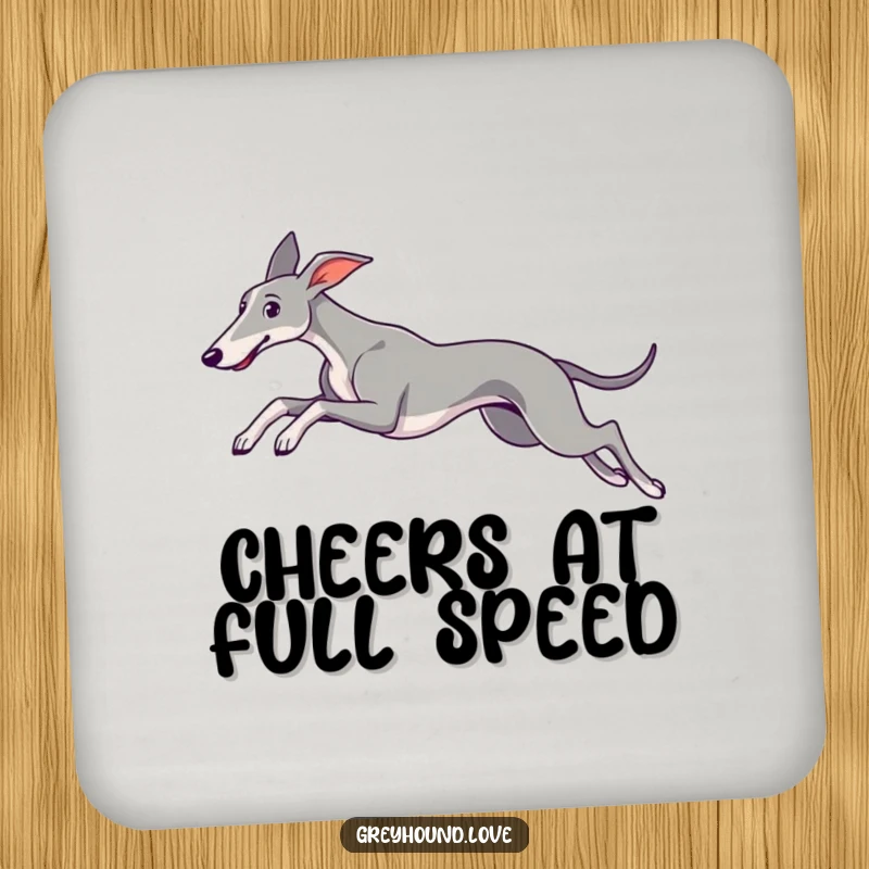 A set of coasters featuring a sleek greyhound leaping gracefully, ears trailing, adding elegance to surfaces.