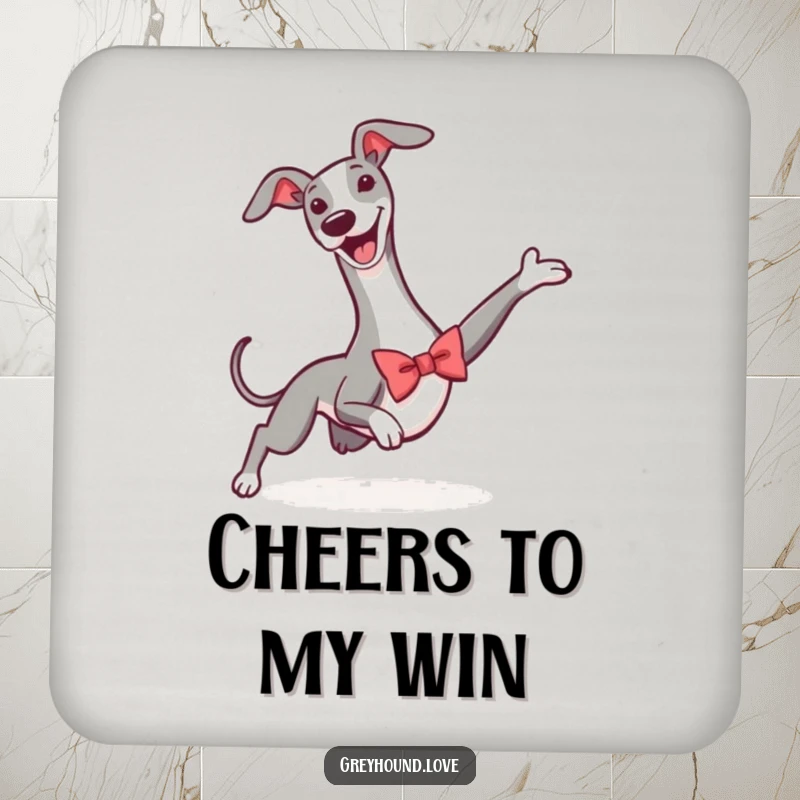 Funny drink coaster with a greyhound in a tiny bowtie, captured mid-slide in a winning pose for stylish protection.
