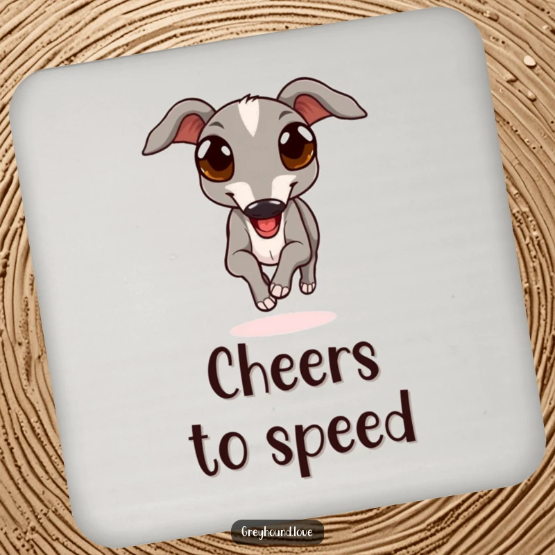Funny drink coaster featuring a greyhound with expressive eyes running joyfully, adding canine charm and protecting surfaces.