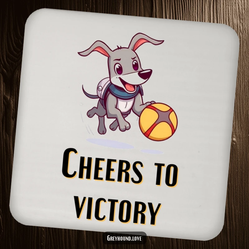 Funny Knight Greyhound Coaster: A happy greyhound in comical armor chases a bouncing ball, offering protection with adorable humor.