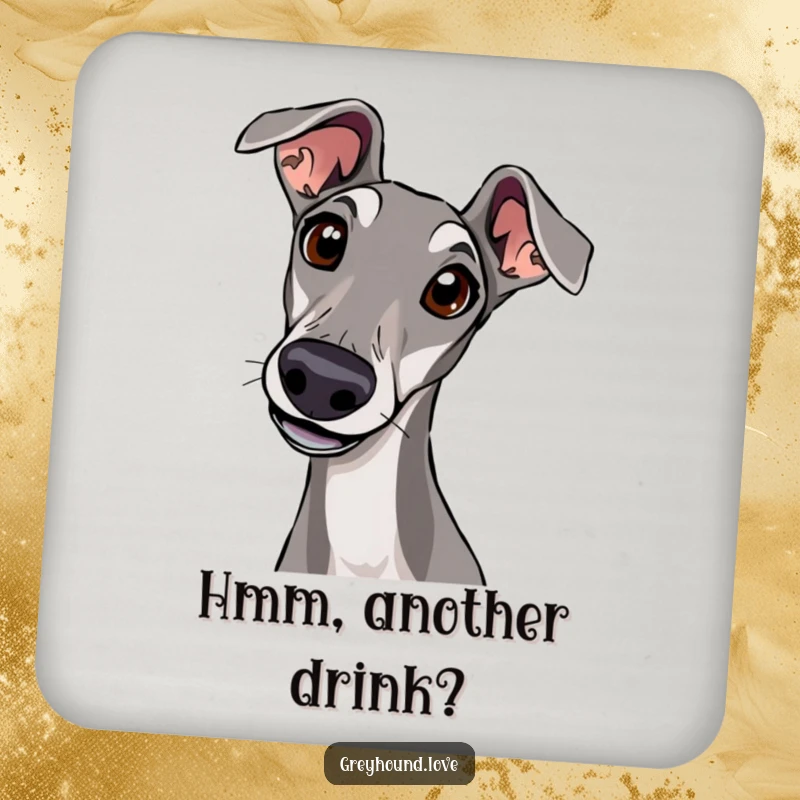 A set of coasters featuring a greyhound tilting its head with wide eyes, adding a curious touch.