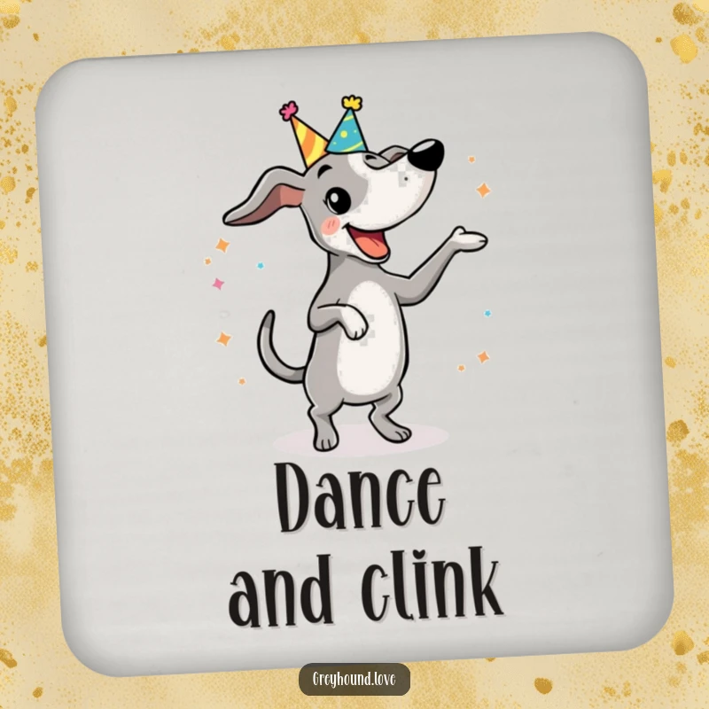 Funny Coasters: A greyhound in a party hat does a silly, funny dance, adding festive charm and protecting surfaces.