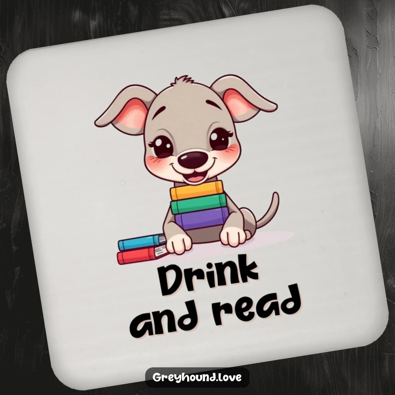 Funny Greyhound Coaster: A greyhound balances a tiny stack of books on its nose.