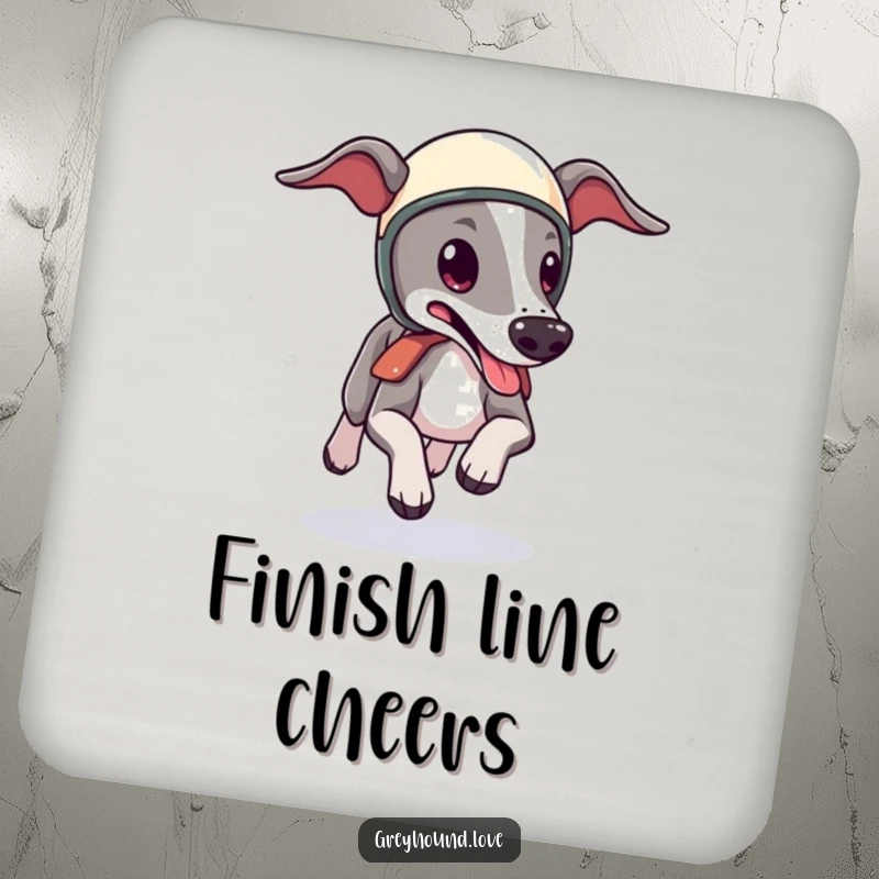 Funny Greyhound Helmet Coaster: A cute greyhound in a tiny helmet zooms, tongue lolling, offering swift protection for your surfaces with humor.