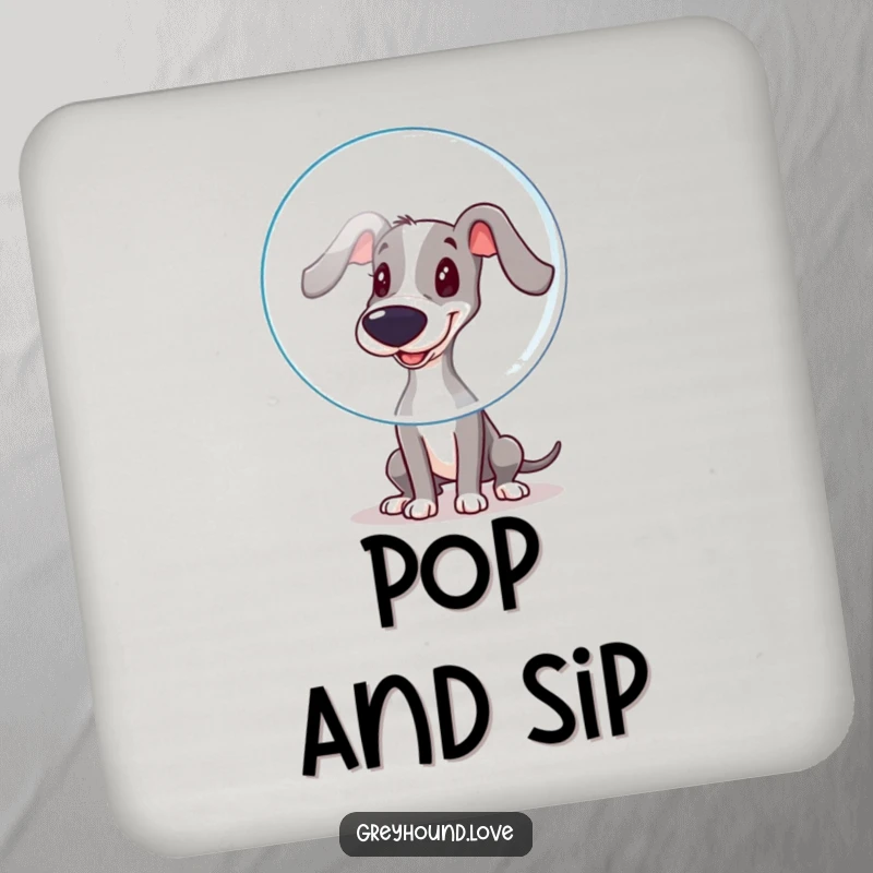 Funny Coasters: A greyhound playfully boops a bubble with its wet nose, adding funny charm and protecting tables.