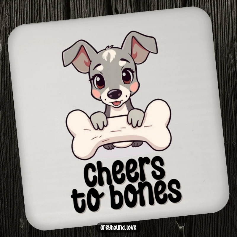 Funny Drink Coaster featuring a greyhound playfully peeking from behind a large bone, adding a humorous touch to tabletops.