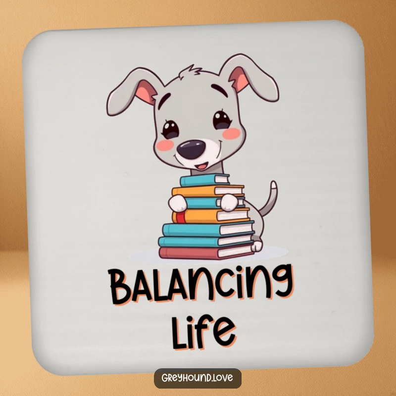 Funny drink coaster featuring a greyhound character humorously balancing books on its nose, adding a quirky touch to any table.