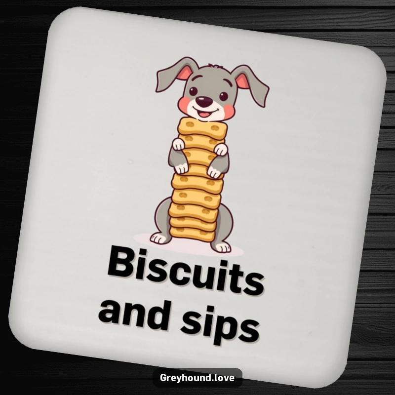Funny COASTERS: A set featuring a greyhound balancing a stack of dog biscuits, protecting surfaces with humor.