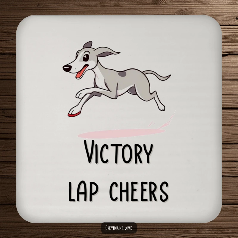 Funny Greyhound Drink Coasters showing determined dogs in running shoes, speeding past checkered flags, protecting surfaces with humor.