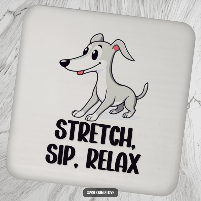 Funny Greyhound coasters featuring a cute character in an elegant, smiling stretch, adding sophisticated protection.
