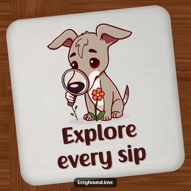 Funny Greyhound Coaster: A greyhound inspects a small flower with a magnifying glass.