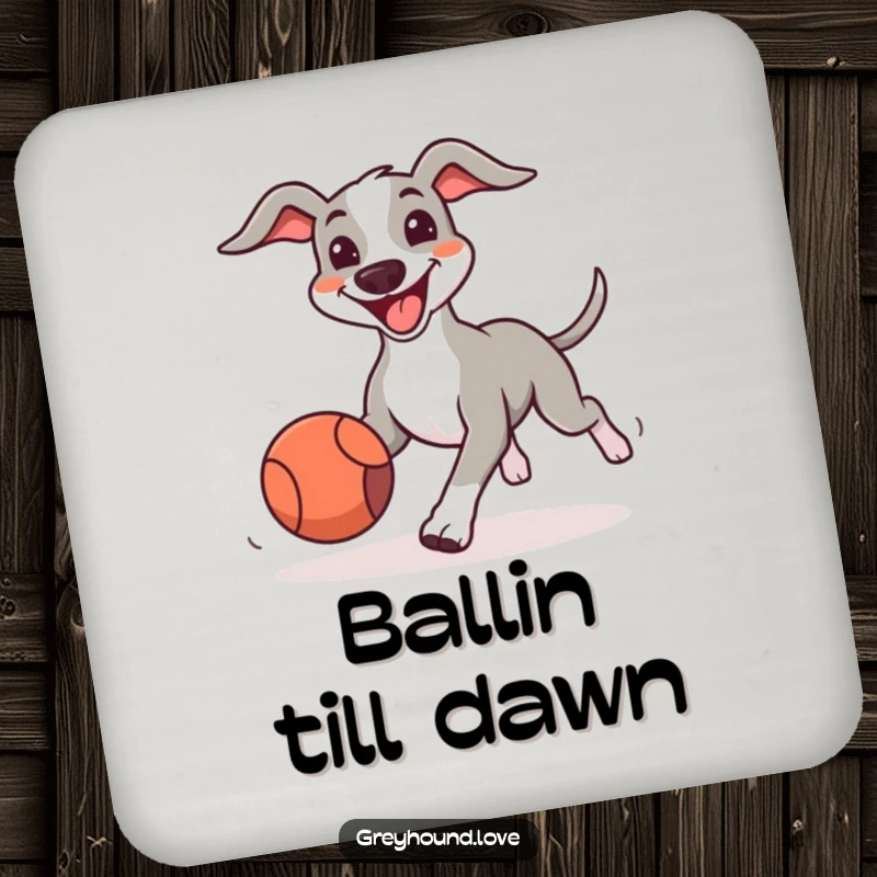 Funny Greyhound Drink Coasters featuring big-smiling dogs excitedly chasing bouncing balls, protecting surfaces with humor and fun.