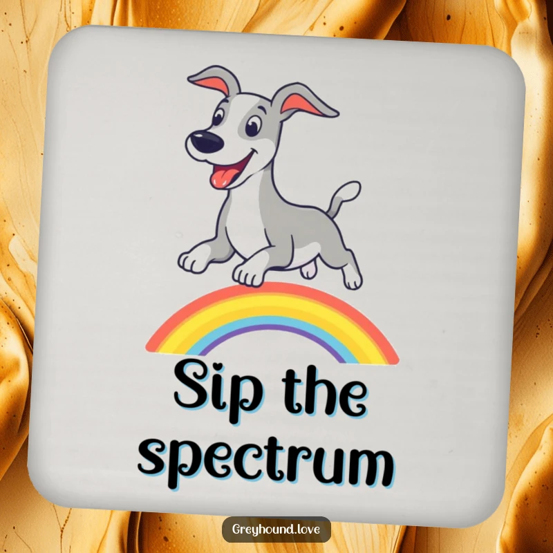 Funny greyhound rainbow coaster, showcasing a happy dog leaping over a colorful arc for playful protection.