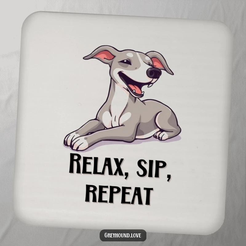 Funny set of 4 greyhound coasters, each showing a greyhound stretching luxuriously with a happy sigh.