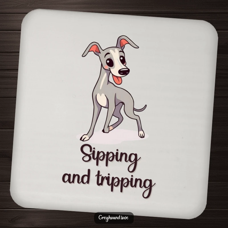 Funny, sleek, kawaii greyhound comically trips over its long legs on this coaster, offering a humorous dog-themed touch.