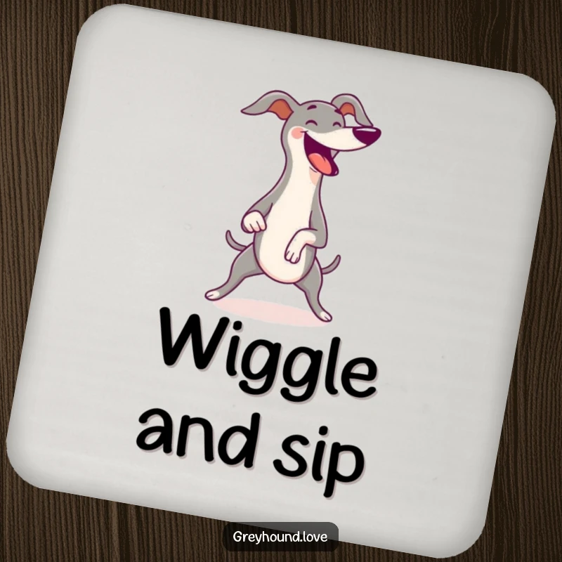 Funny Greyhound Coaster featuring a greyhound wiggling its body with pure joy, bringing a comical touch to your drinks.
