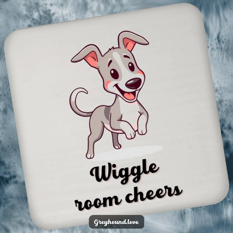Funny set of 4 greyhound coasters, each showing a greyhound wiggling with a furiously wagging tail.