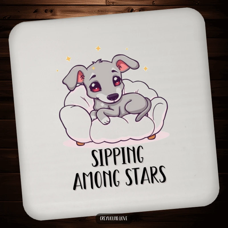 Funny drink coaster depicting a greyhound with starry eyes lounging on a cloud, protecting surfaces with dreamy humor.