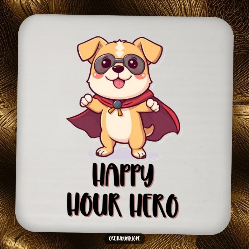 Funny Dog Coaster: A playful dog character in a superhero cape strikes a powerful pose, protecting surfaces with heroic flair.