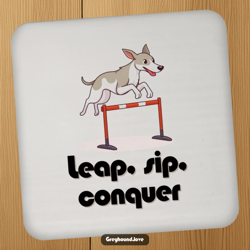 Funny Greyhound coasters featuring a stylized dog leaping over a hurdle, adding motivational protection.