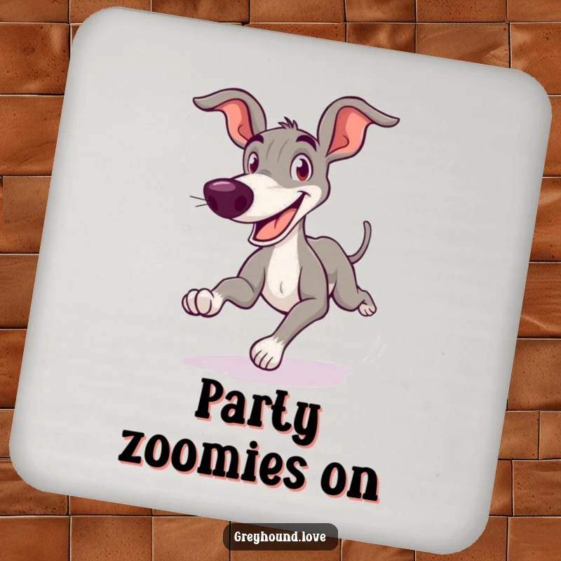 Funny Greyhound Coaster featuring a cartoonish greyhound zooming with a goofy grin, protecting surfaces humorously.