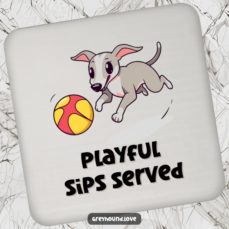 A set of coasters featuring a greyhound playfully chasing a colorful bouncing ball, adding energetic fun.